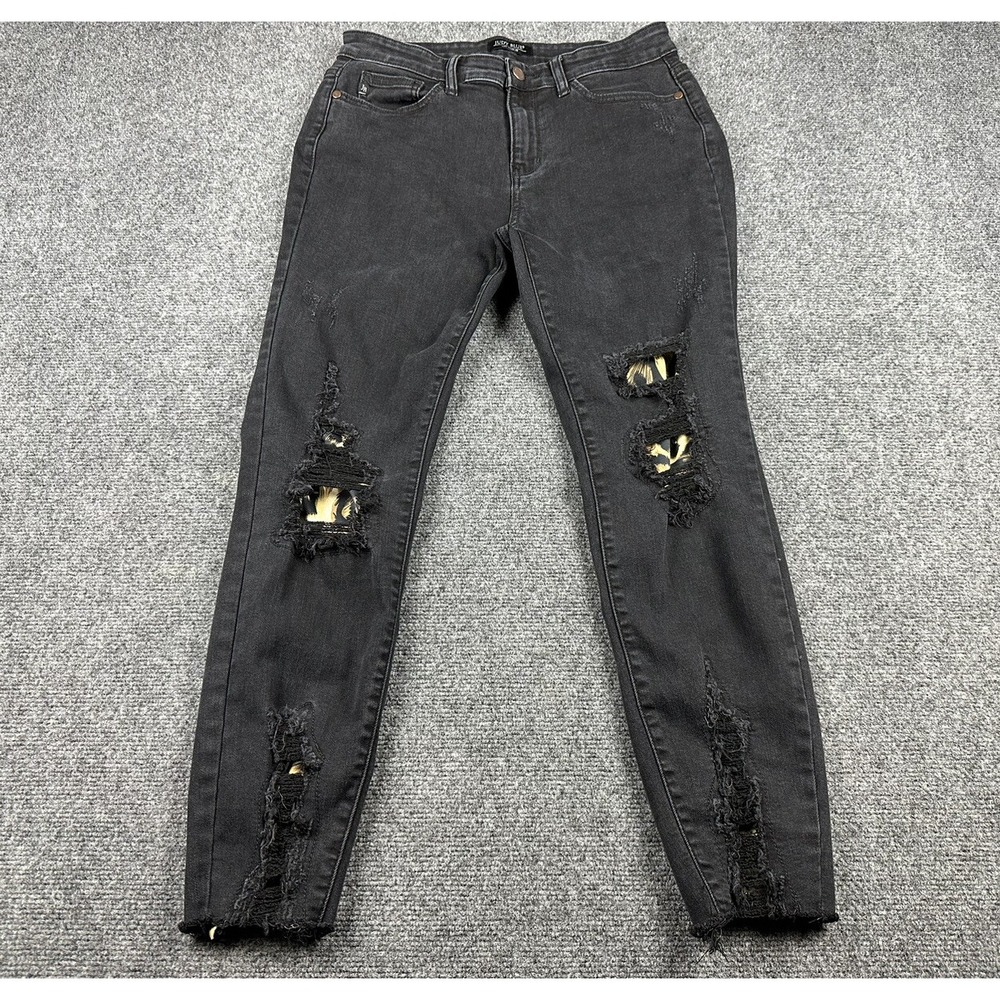 Judy Blue Jeans Women's 11/30 Skinny Fit Black Distressed Leopard Cheetah Print